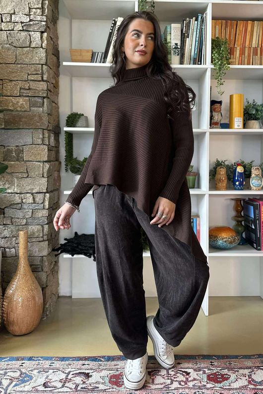 Bowie Asymmetric Turtle Neck Ribby Knit Chocolate